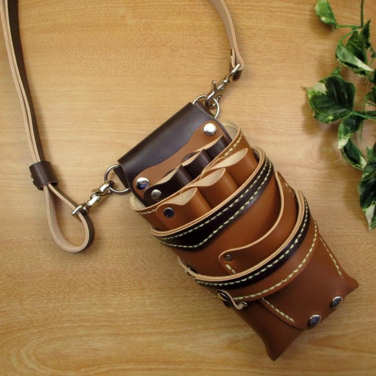 キャメル＆焦げ茶　６丁　革ベルト付き　本革シザーケース　SCL-154/CCA