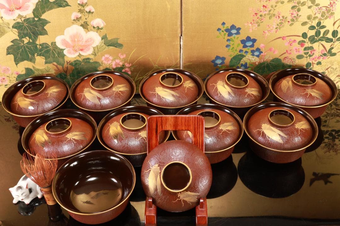 時代輪島塗　明治期　特注品　金縁内黒　松皮塗餅椀　十客　吸物椀　BJ092