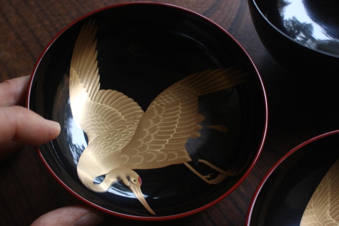 時代逸品！優美な見返し鶴蒔絵の映える日の出椀2点（検輪島塗雑煮椀蒔絵椀