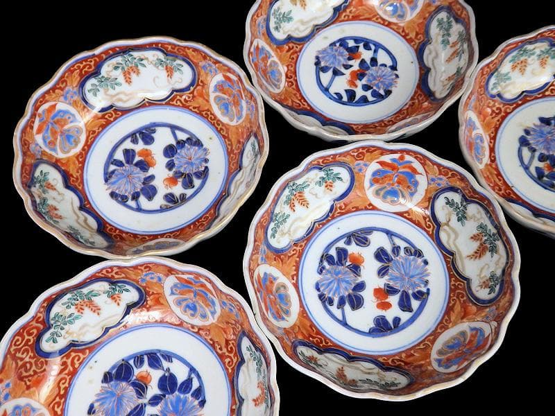 古伊万里　色絵 窓絵　藤に蝶　菊の図　膾皿　５客　C202AS-CWv