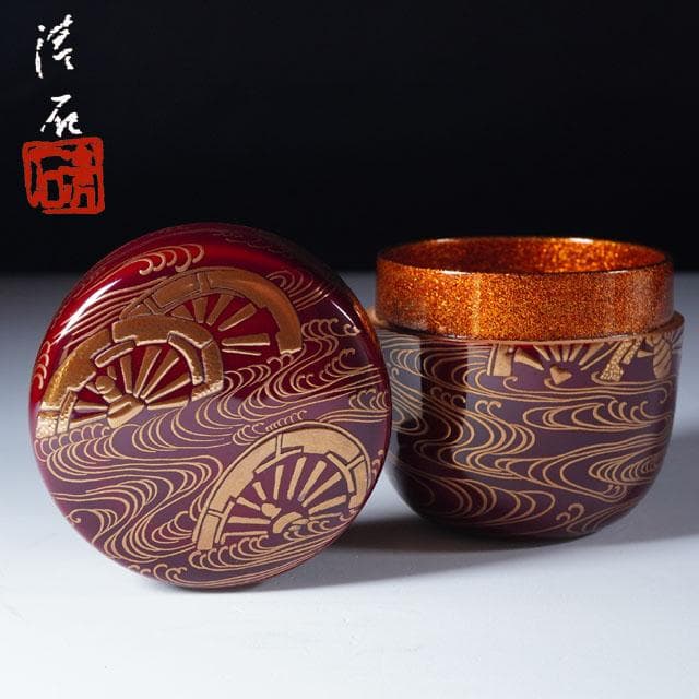 三代 清石（川谷内正廣）波車蒔絵棗　内梨地　共箱　輪島塗　薄茶器　茶道具