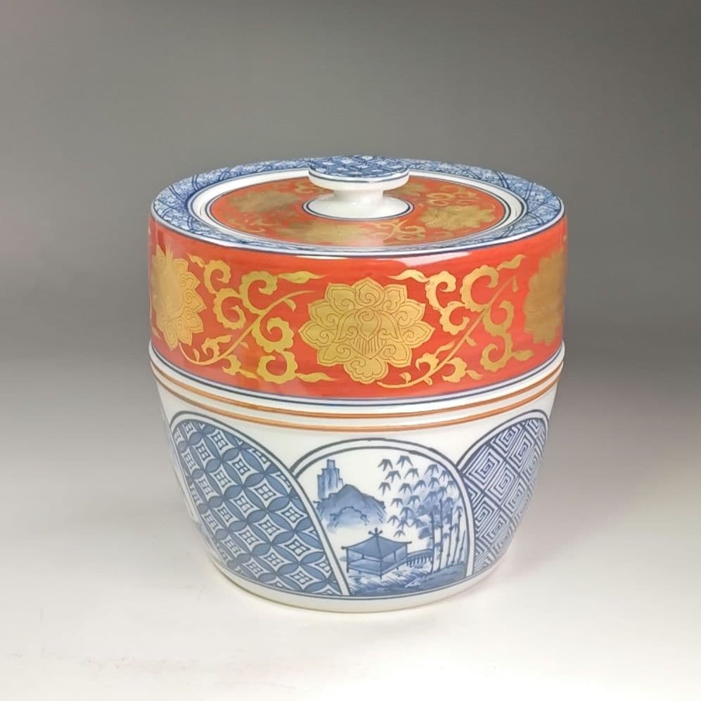 イ863 水指『平安　京峰造』『染付金襴手　水指　共箱』茶道具