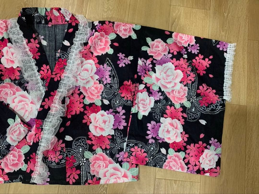浴衣ドレス　姫ギャル　地雷　量産　平成　花柄　レース　かわいい　黒ピンクキラキラ