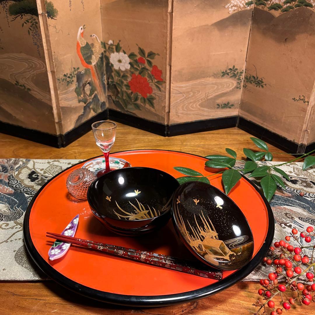 A1035 木製輪島塗　懐石道具　衝羽根に流水菖蒲　蒔絵　5客