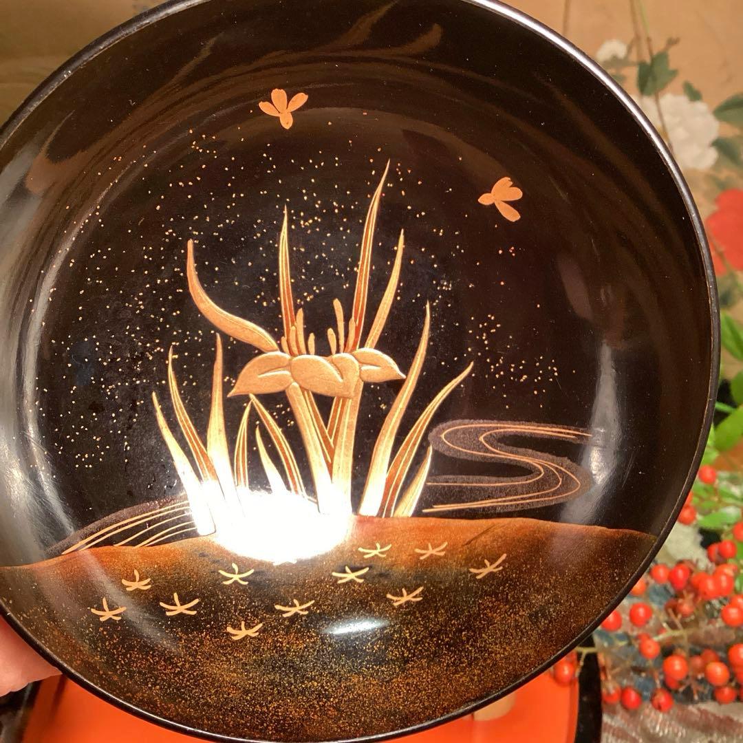 A1035 木製輪島塗　懐石道具　衝羽根に流水菖蒲　蒔絵　5客