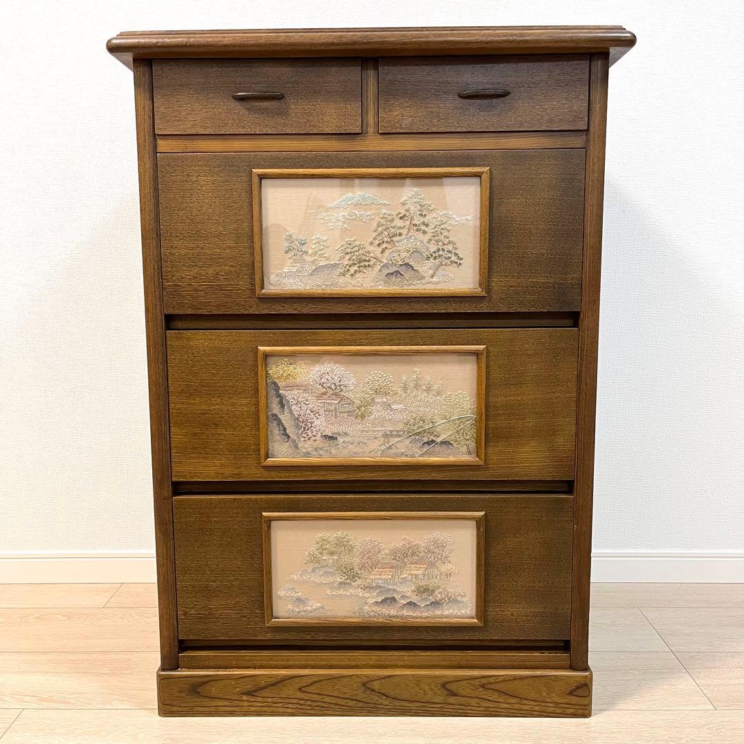 (こ50)戸塚刺繍 風景画 木製多段チェスト 洋箪笥