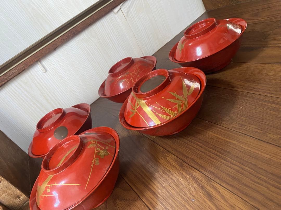 値下げしました　輪島塗　漆器　椀　5客　蒔絵　絵変わり　満月　夜景　三日月　月