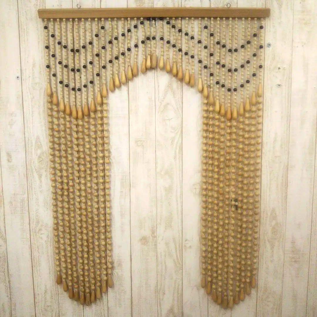 木珠のれん 昭和レトロ 木製 85cm ｘ120cm ベージュ ナチュラルウッド
