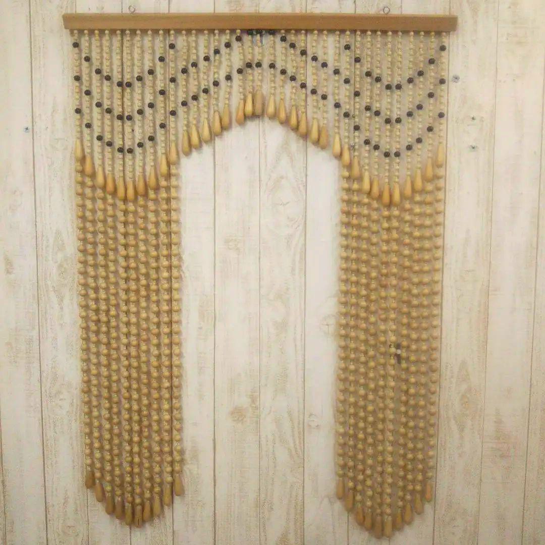 木珠のれん 昭和レトロ 木製 85cm ｘ120cm ベージュ ナチュラルウッド