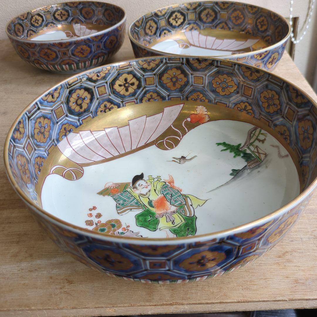 骨董 古伊万里 鉢 大中小 恵比寿 美品 盛り鉢 器 染錦 ３つ 飾り鉢