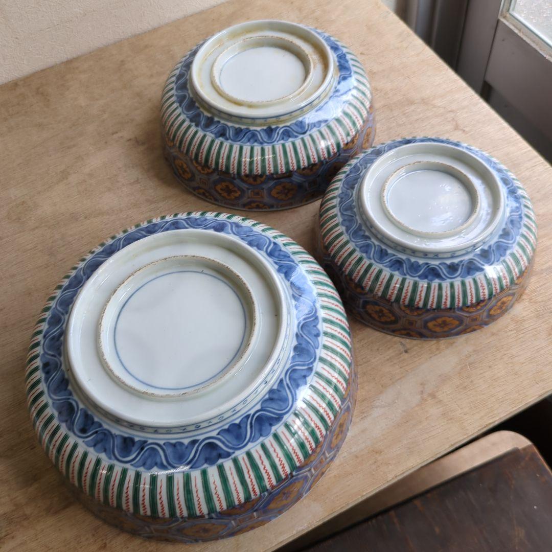 骨董 古伊万里 鉢 大中小 恵比寿 美品 盛り鉢 器 染錦 ３つ 飾り鉢