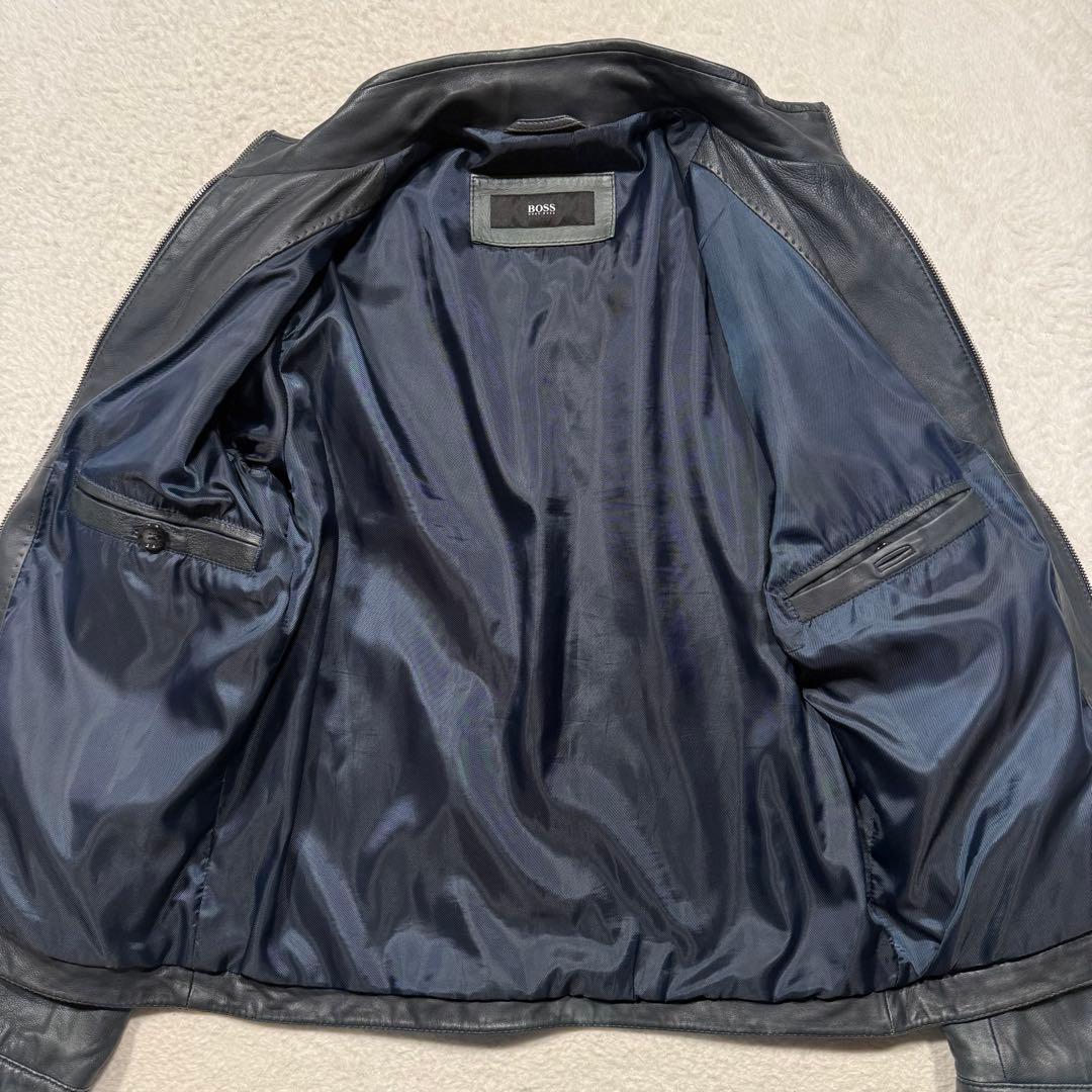 希少カラー ネイビー系 ヒューゴボス シングルライダースジャケット 羊革 M相当