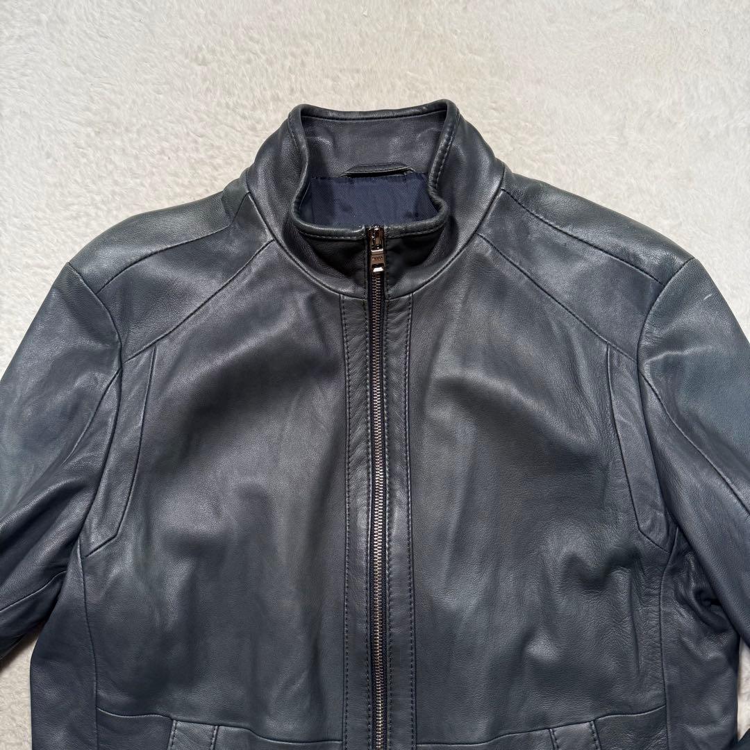 希少カラー ネイビー系 ヒューゴボス シングルライダースジャケット 羊革 M相当