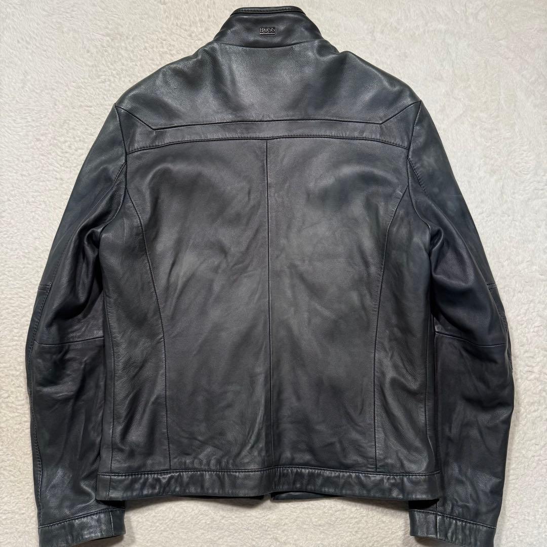 希少カラー ネイビー系 ヒューゴボス シングルライダースジャケット 羊革 M相当