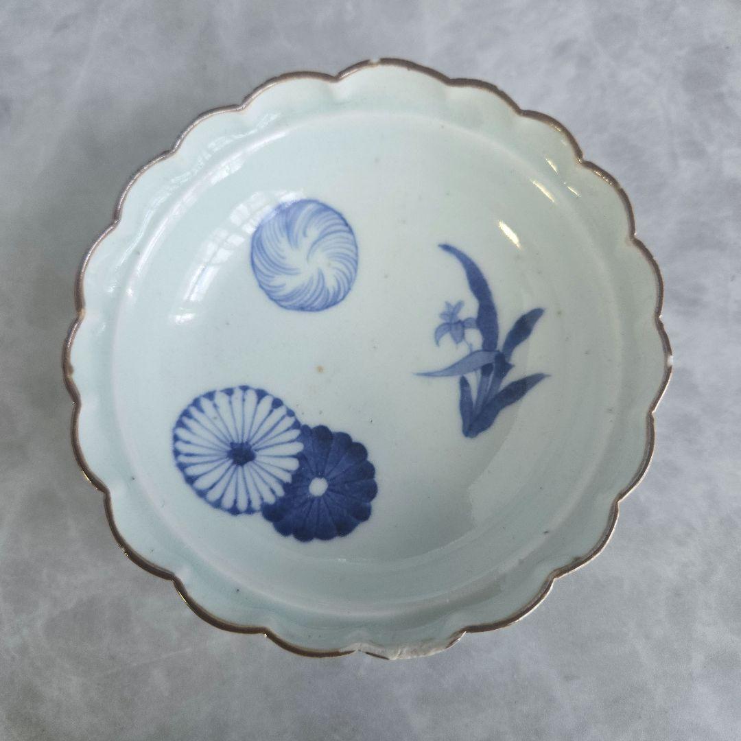 古伊万里　染付　深皿　江戸時代　蘭　菊　金直し　金継ぎ　アンティーク　骨董