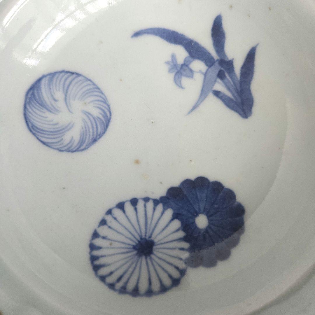 古伊万里　染付　深皿　江戸時代　蘭　菊　金直し　金継ぎ　アンティーク　骨董