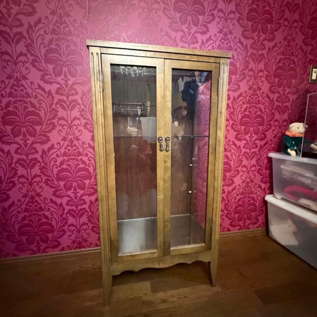 激安　ベルメゾン　アンティーク調　木製ガラス扉キャビネット　キュリオケース
