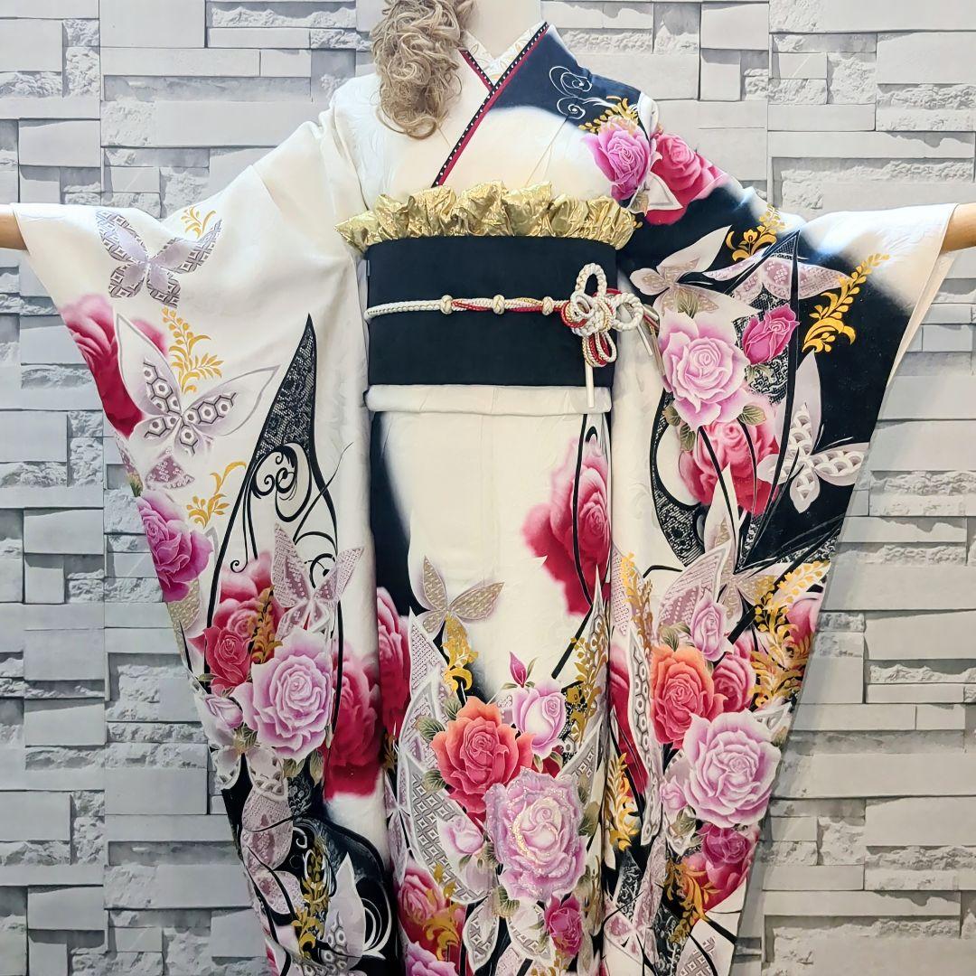 振袖セット 振袖フルセット 正絹振袖 銀通し 駒刺繍 薔薇 蝶 金彩 白 90
