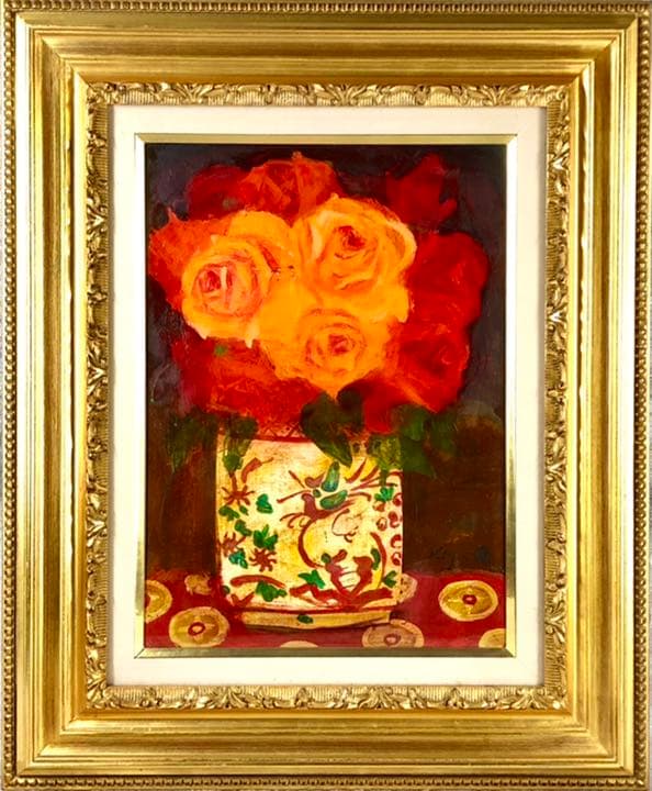 【真作】清原啓一「赤絵壺の薔薇」油彩4号　一枚の繪取扱作品　芸術院会員　巨匠名品