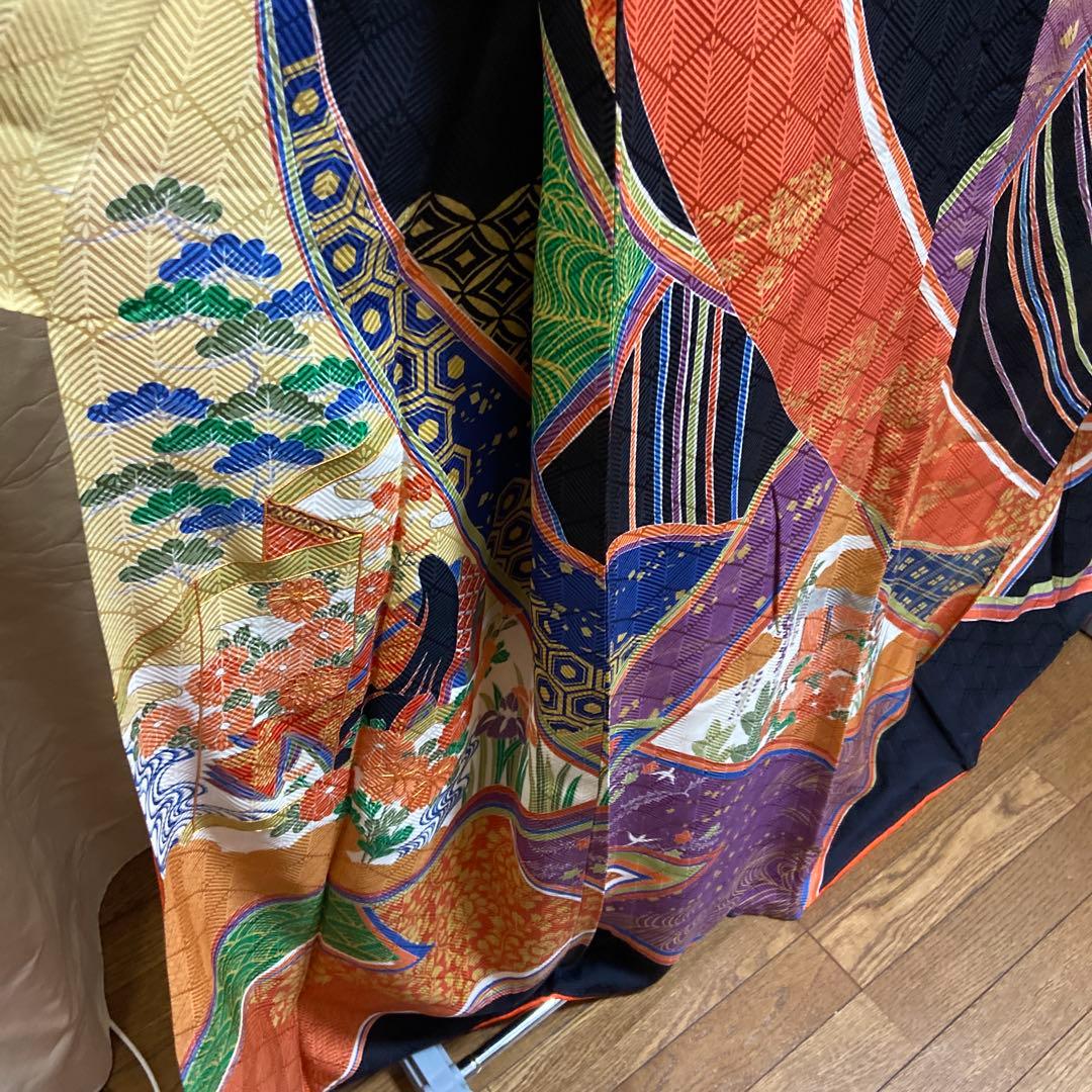 A 振袖　袷　正絹　黒地　お姫様　御所車　菊　菖蒲　着物　和装　和物　成人式