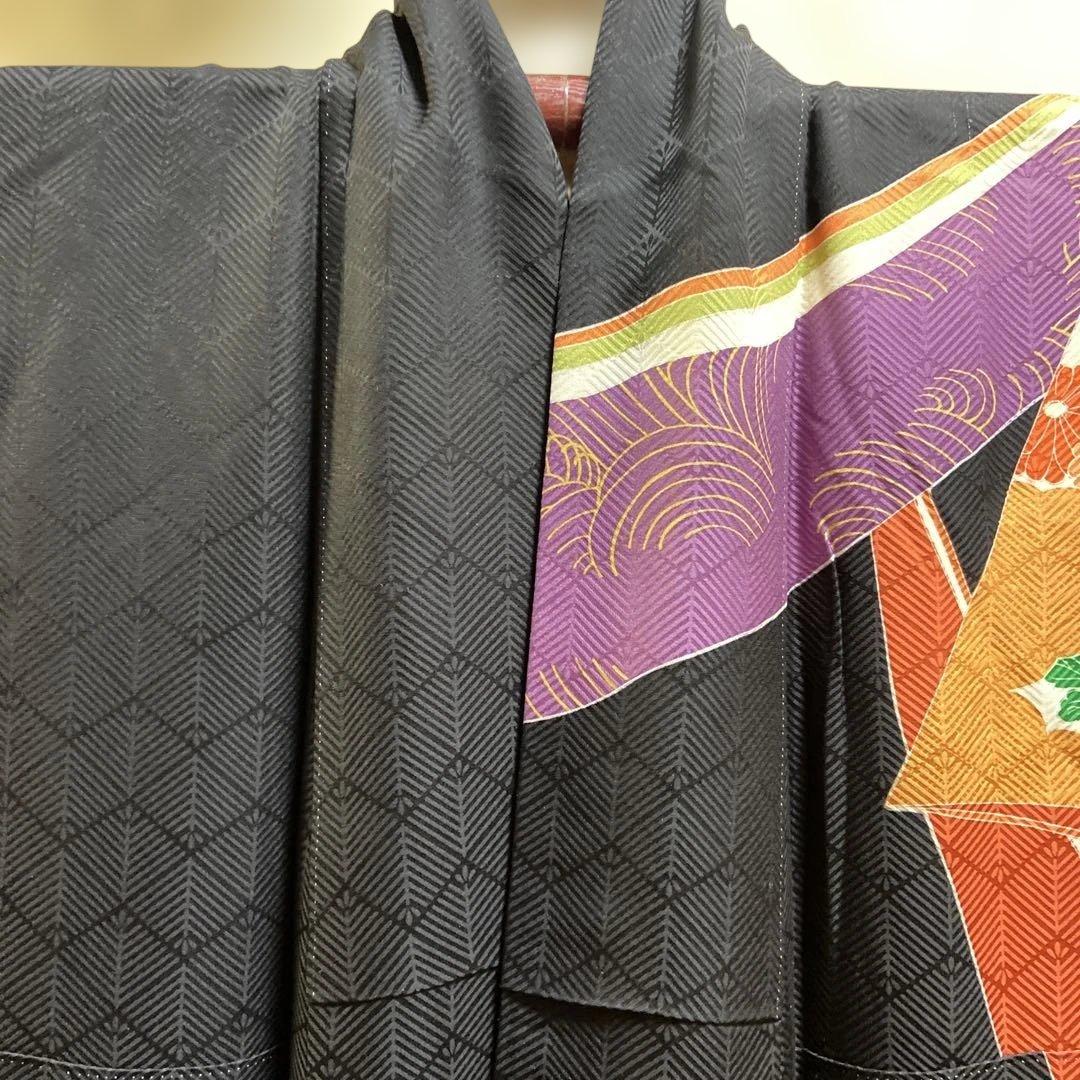 A 振袖　袷　正絹　黒地　お姫様　御所車　菊　菖蒲　着物　和装　和物　成人式