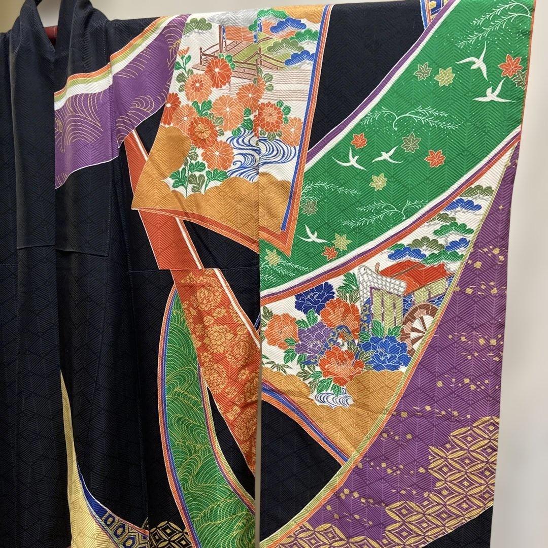 A 振袖　袷　正絹　黒地　お姫様　御所車　菊　菖蒲　着物　和装　和物　成人式
