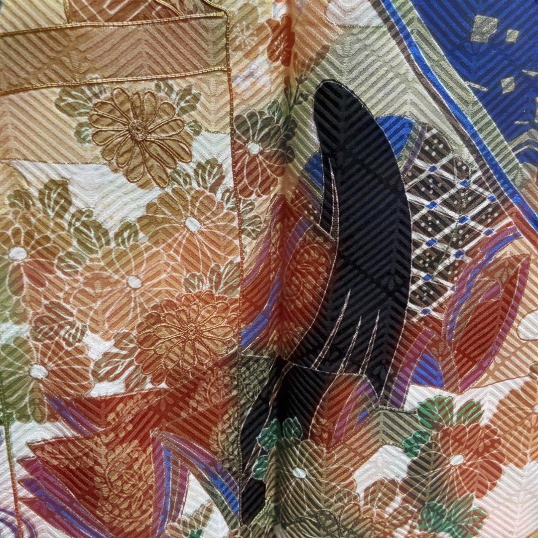 A 振袖　袷　正絹　黒地　お姫様　御所車　菊　菖蒲　着物　和装　和物　成人式