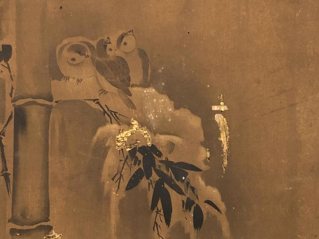 【 荒雹齋谷文中筆「雪中竹に雀」】　肉筆扁額　蔵出品