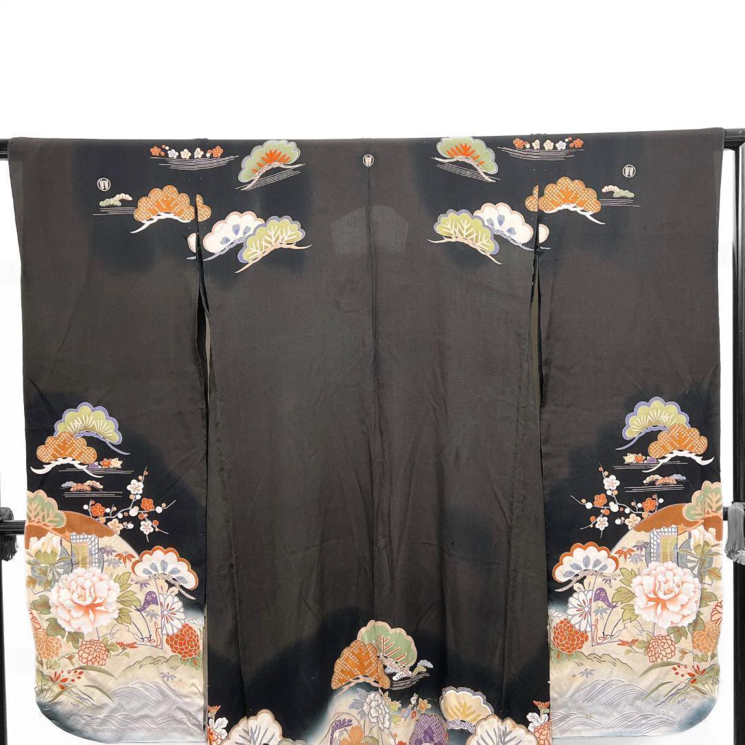 振袖　アンティーク　単衣　貝桶　御所車　花模様　着物　024w