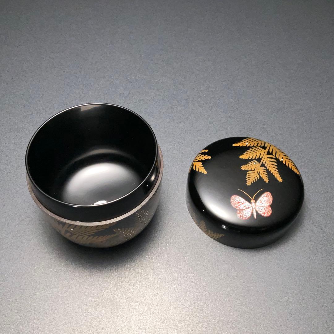 棗　池田喜一　加賀蒔絵　蝶にシダ　共箱　R1327ダN3