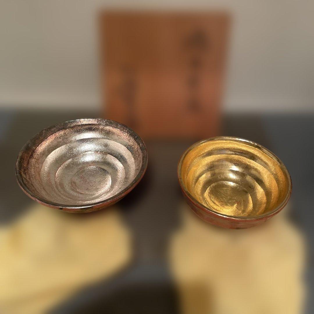 嶋台茶碗　佐々木松楽造　赤楽金銀　楽茶碗