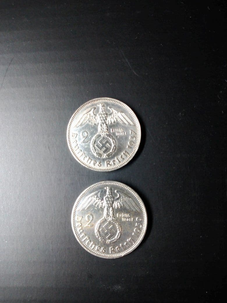 ドイツ2ライヒスマルク銀貨 シルバー2枚セット1937年製と1939年製