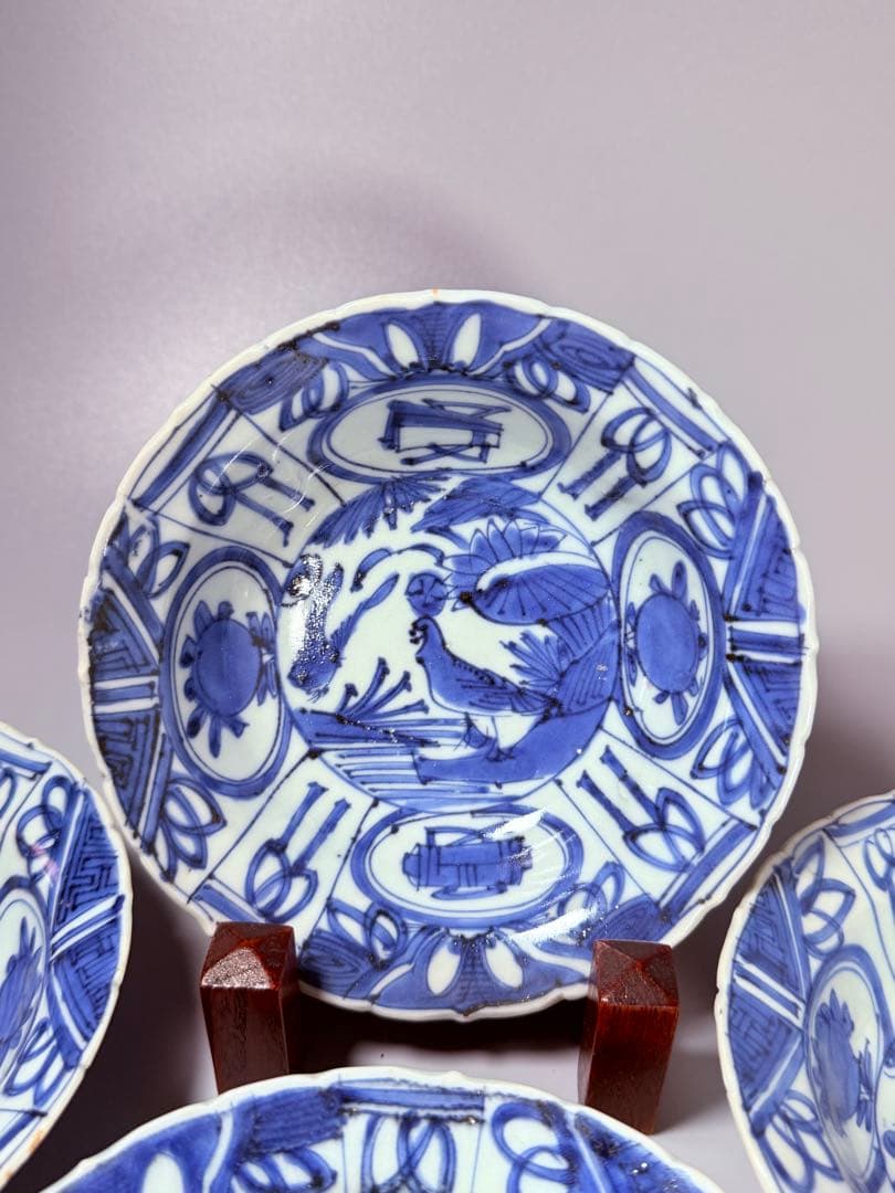 江戸時代　古伊万里　染付芙蓉手輪花型向付　南京手　直径15.5㎝　希少品