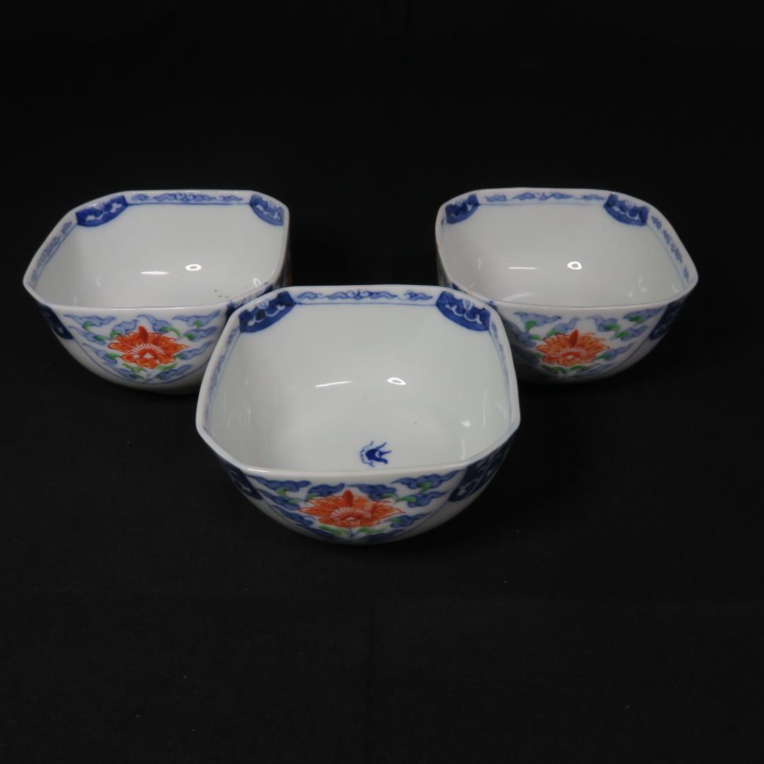 向付 3客 染付 色絵付 花唐草 角向付 窯傷 歪み