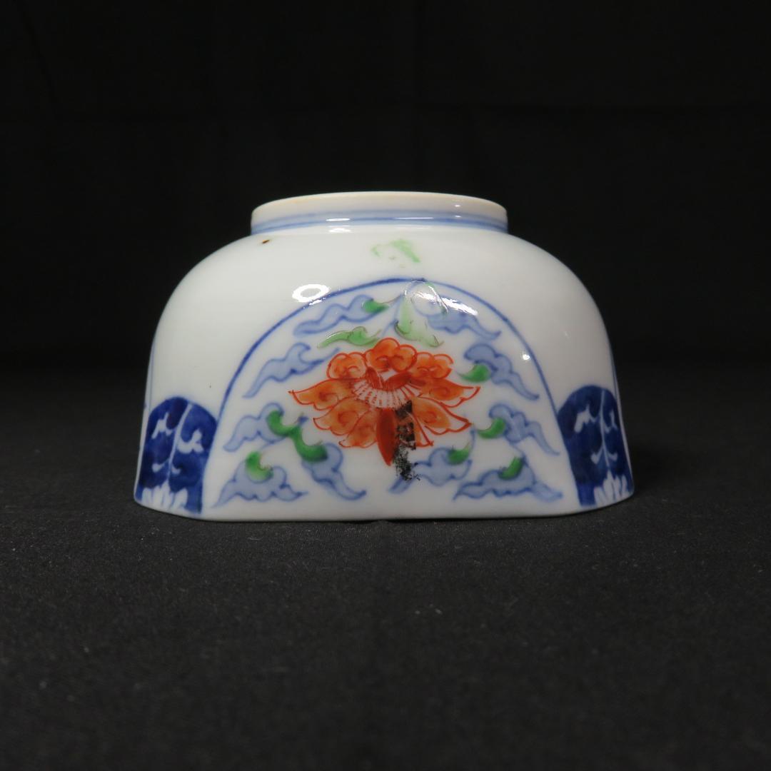 向付 3客 染付 色絵付 花唐草 角向付 窯傷 歪み