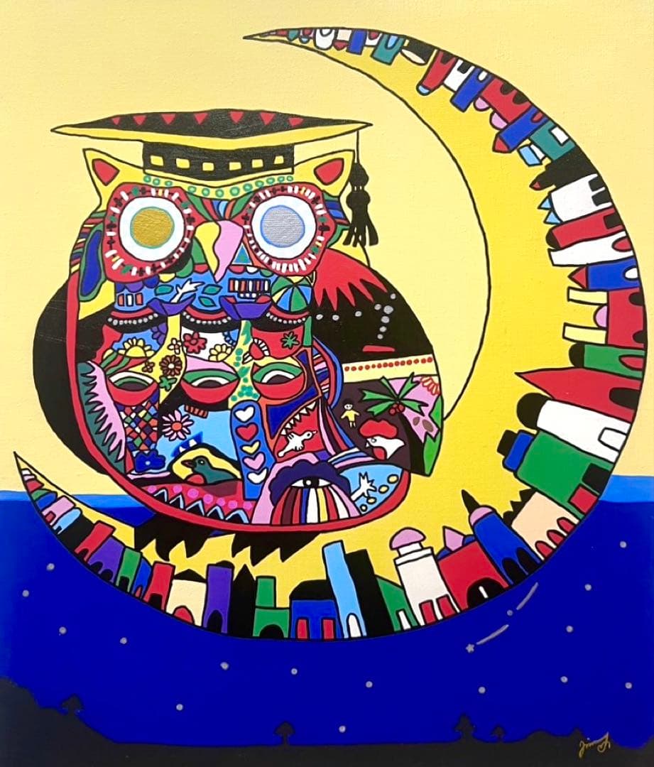 SALE【F10号】ジミー大西 （フクロウ）大型作品/手描き/表裏サイン有/絵画