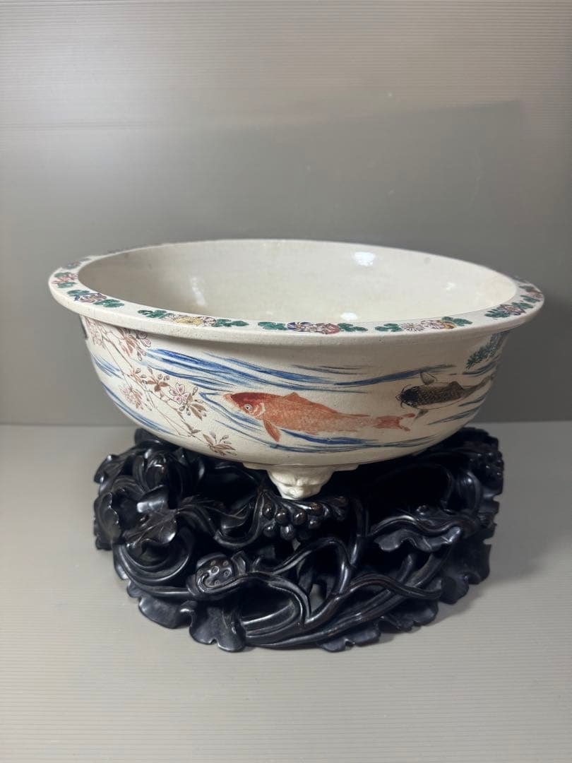 2175 骨董　色絵魚文　金魚鉢　花台付き　根木風　時代物