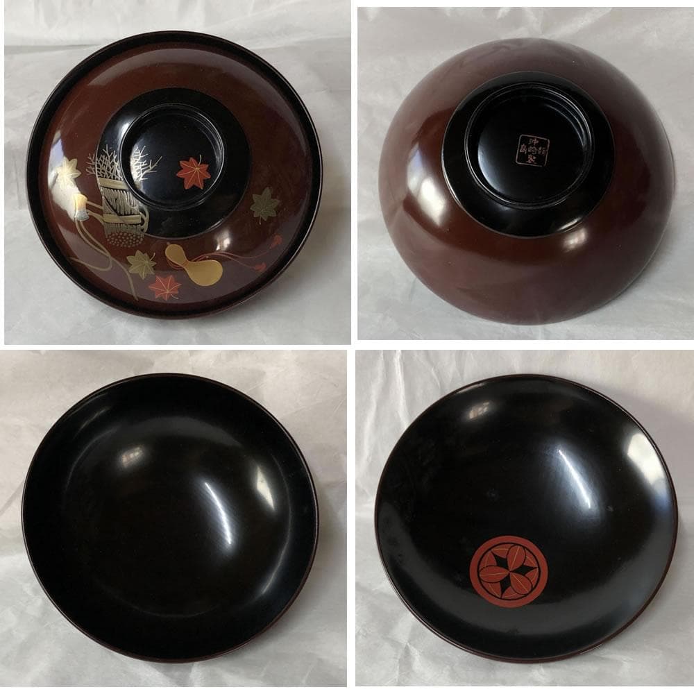 e2641 蒔絵 吸物椀 十客 木箱入り 瓢箪 紅葉 打出の小槌 木製 漆塗