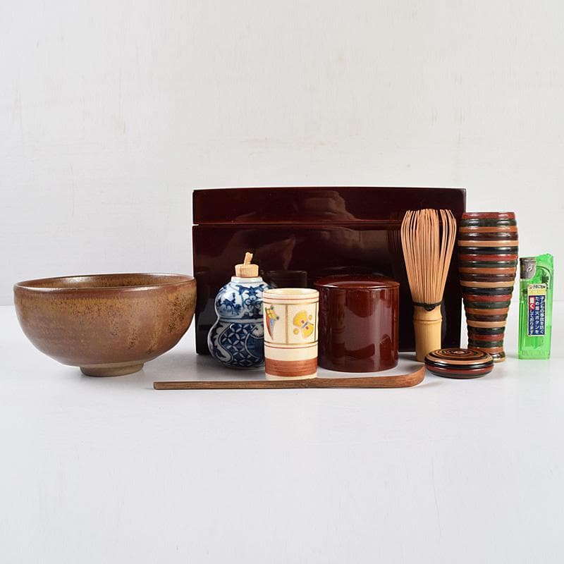 茶道具　春慶塗　利休茶箱　茶碗　振出など　九点　一式　仕覆付　M　R9344