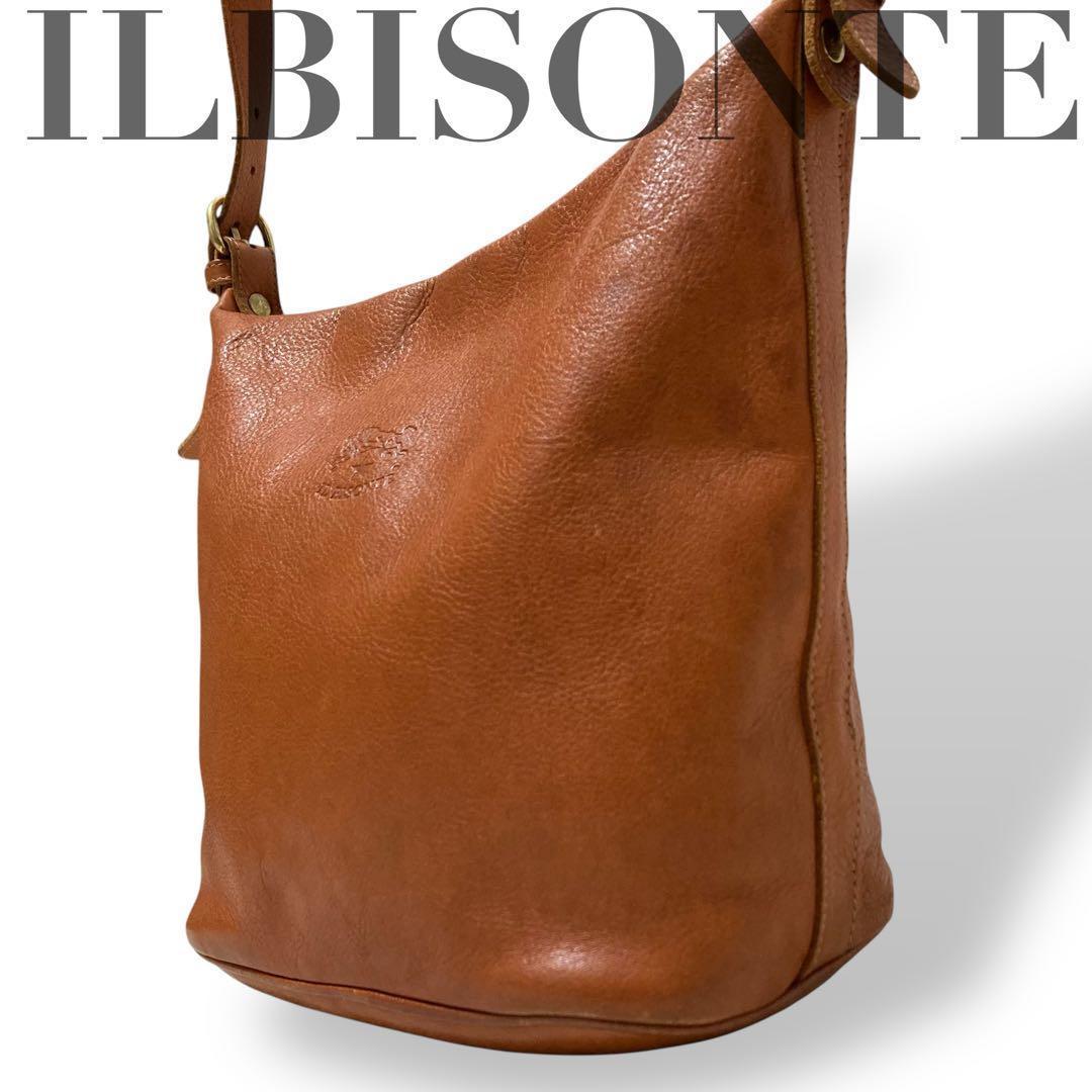 【美品】イルビゾンテ　バケツ型　ショルダーバッグ　オールレザー　ロゴ型押し　茶