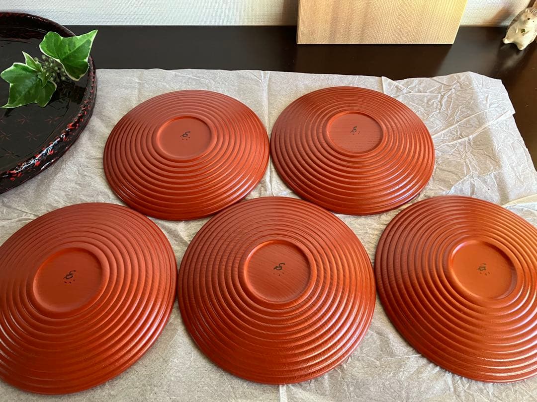 山中塗　山中漆器　香仙工房　ロクロ目　朱　銘々皿　菓子皿　５枚　茶道　茶道具