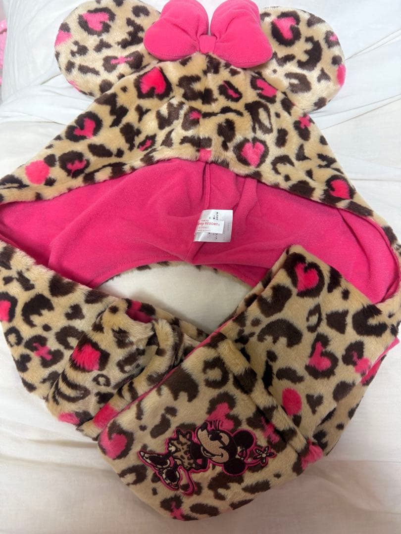 ミニーマウス ヒョウ柄 フリースキャップ