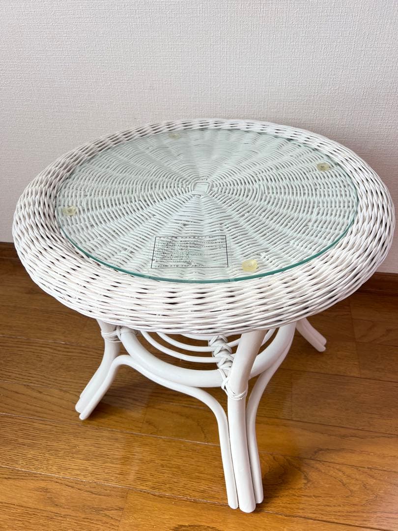 ハワイラブ　ホワイトラタン ガラス天板 ローテーブル