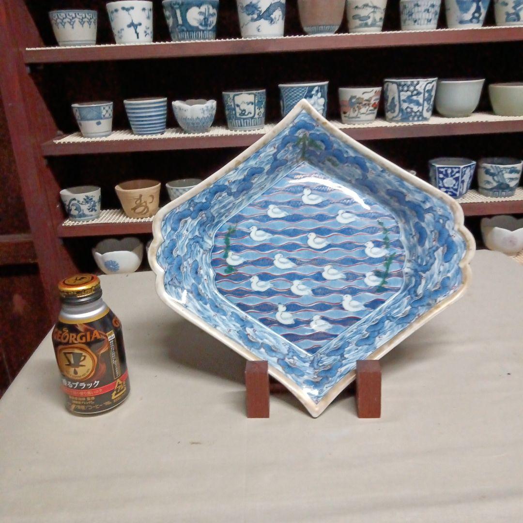 古伊万里　色絵染付　珍品　五葉松縁　波千鳥文　擬宝珠型皿　変形皿　尺皿　江戸後期