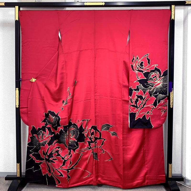 511z38〇モダン 振袖 金彩 バラ文様 濃いピンク〇美品 成人式 結婚式
