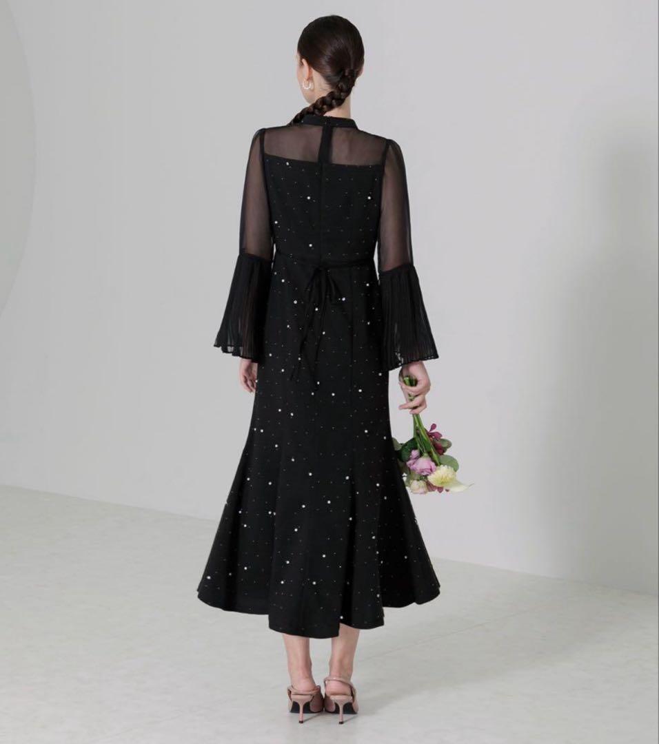 LEJA パールビジュープリーツフレアスリーブマーメイドワンピースドレス