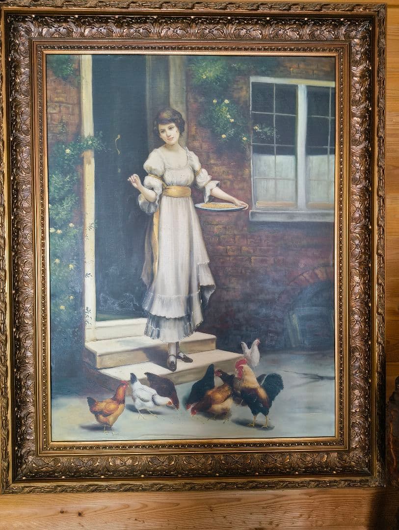 大型絵画　金縁額縁入り　女性絵　鶏　窓　アンティーク　洋風　油絵　洋間　ホテル