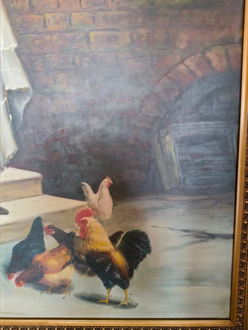 大型絵画　金縁額縁入り　女性絵　鶏　窓　アンティーク　洋風　油絵　洋間　ホテル