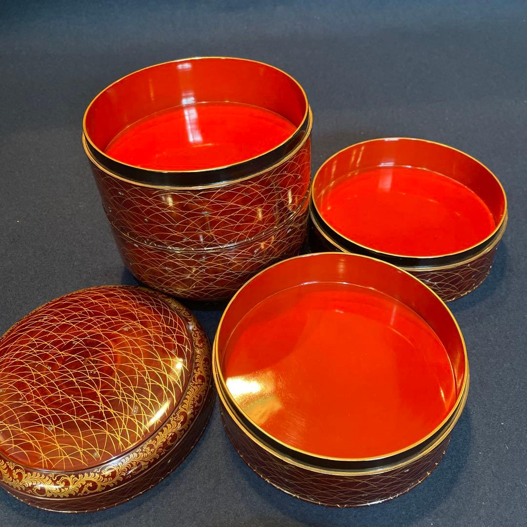 時代物「秋草に露 蒔絵」の『丸型重箱』仕覆・共箱付※美品　重箱　野弁当箱　漆器