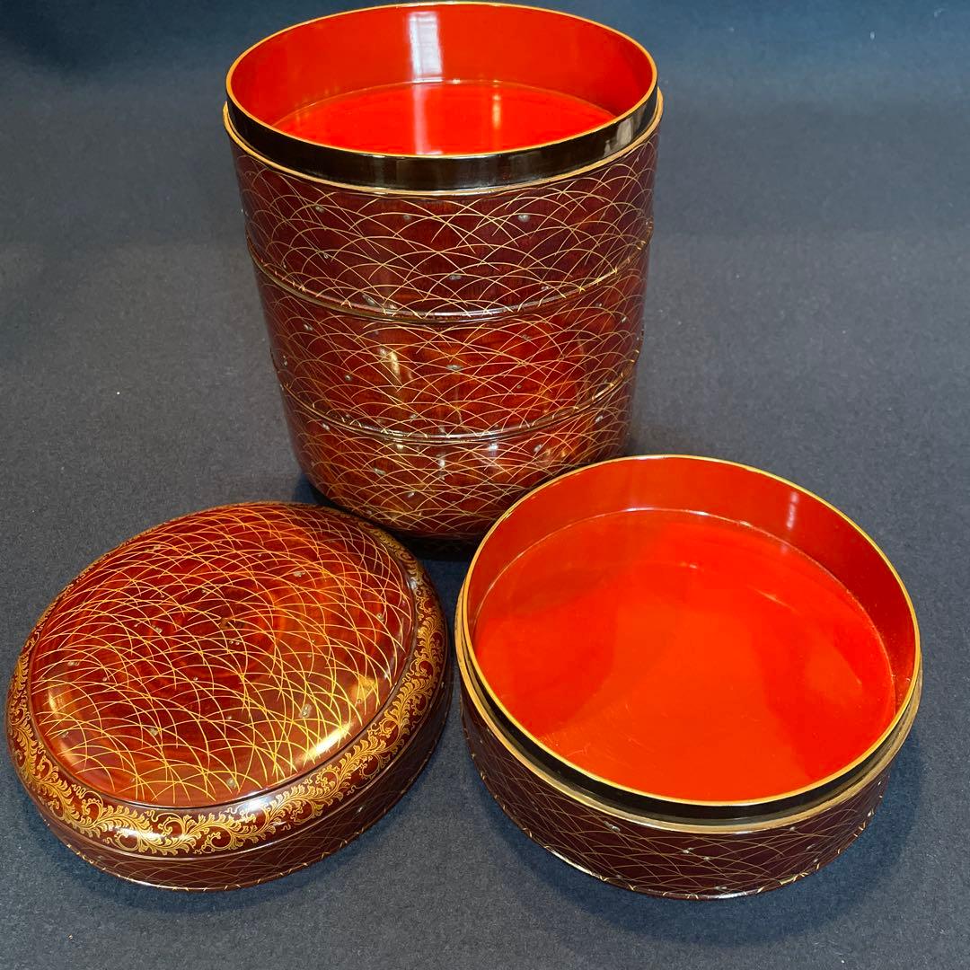 時代物「秋草に露 蒔絵」の『丸型重箱』仕覆・共箱付※美品　重箱　野弁当箱　漆器